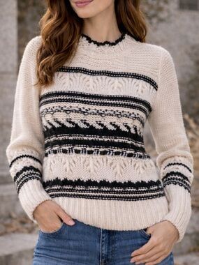Dex Black & Cream Fair Isle Knit Sweater Boho Cozy